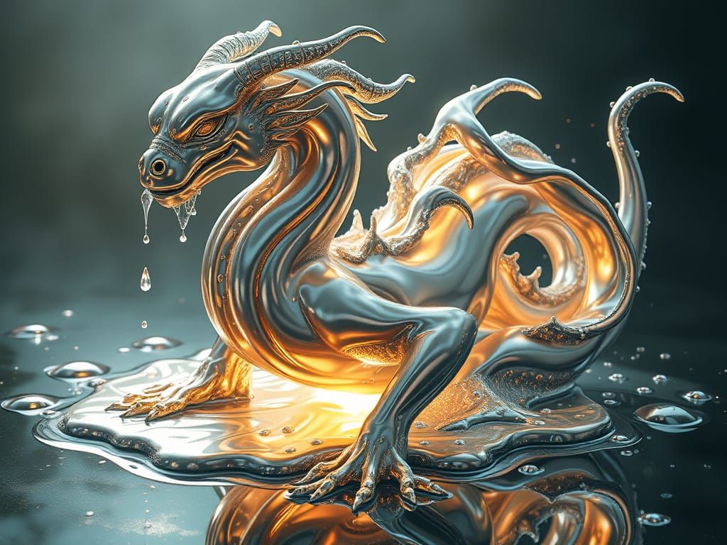 Mythical Liquid Metal Creature with Silver Droplets
