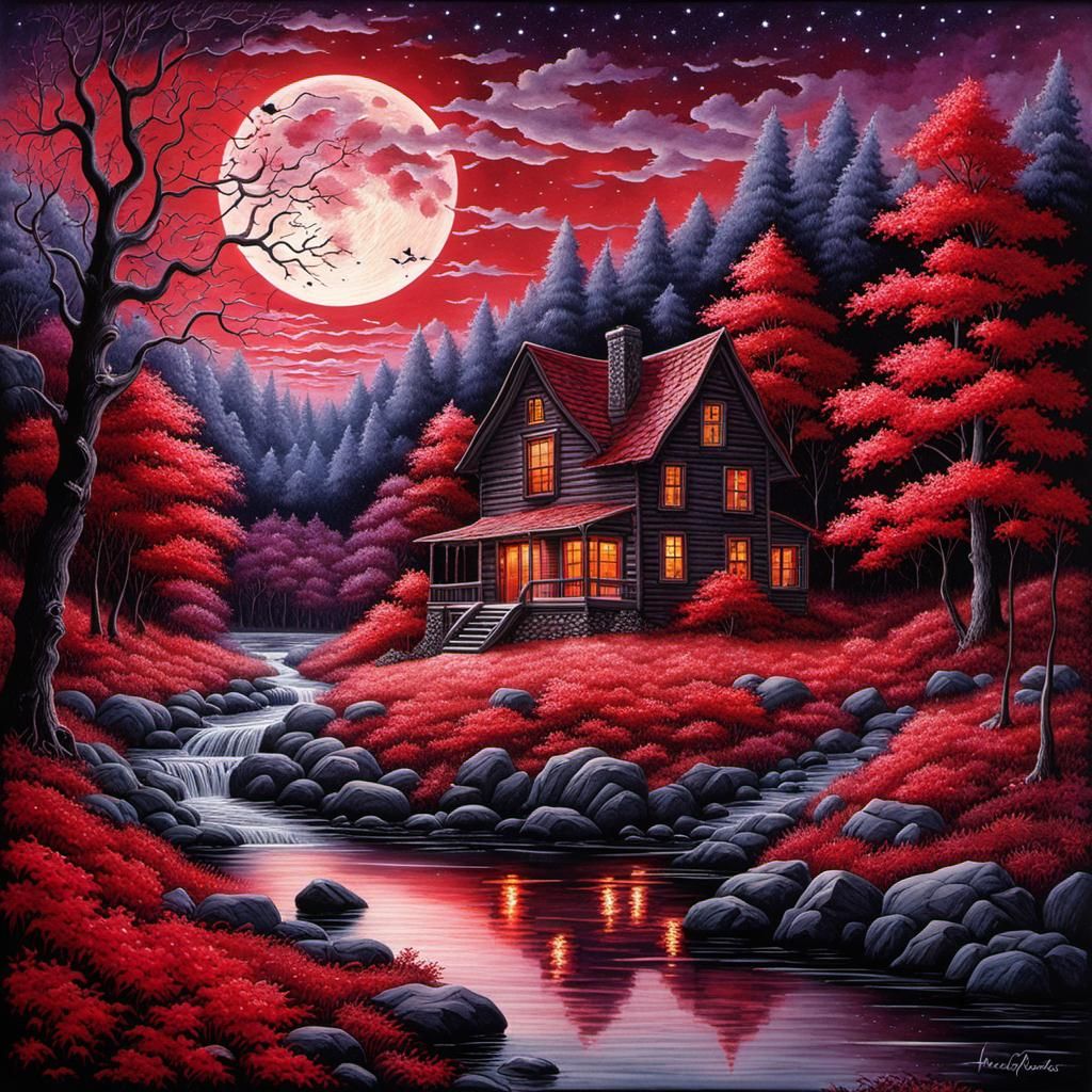 Watercolor Red Maple Trees, Creek, and Moonlit Cabin