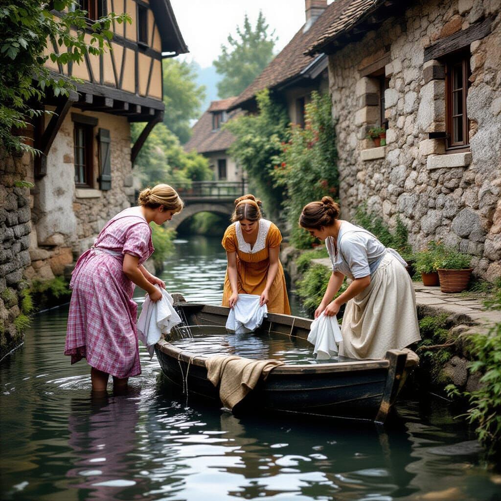 Women Washing Laundry in Early 20th Century Washhouse