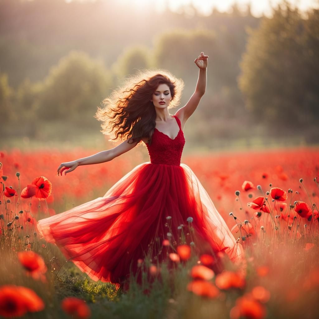Woman in Red Dress Dancing in Poppy Field