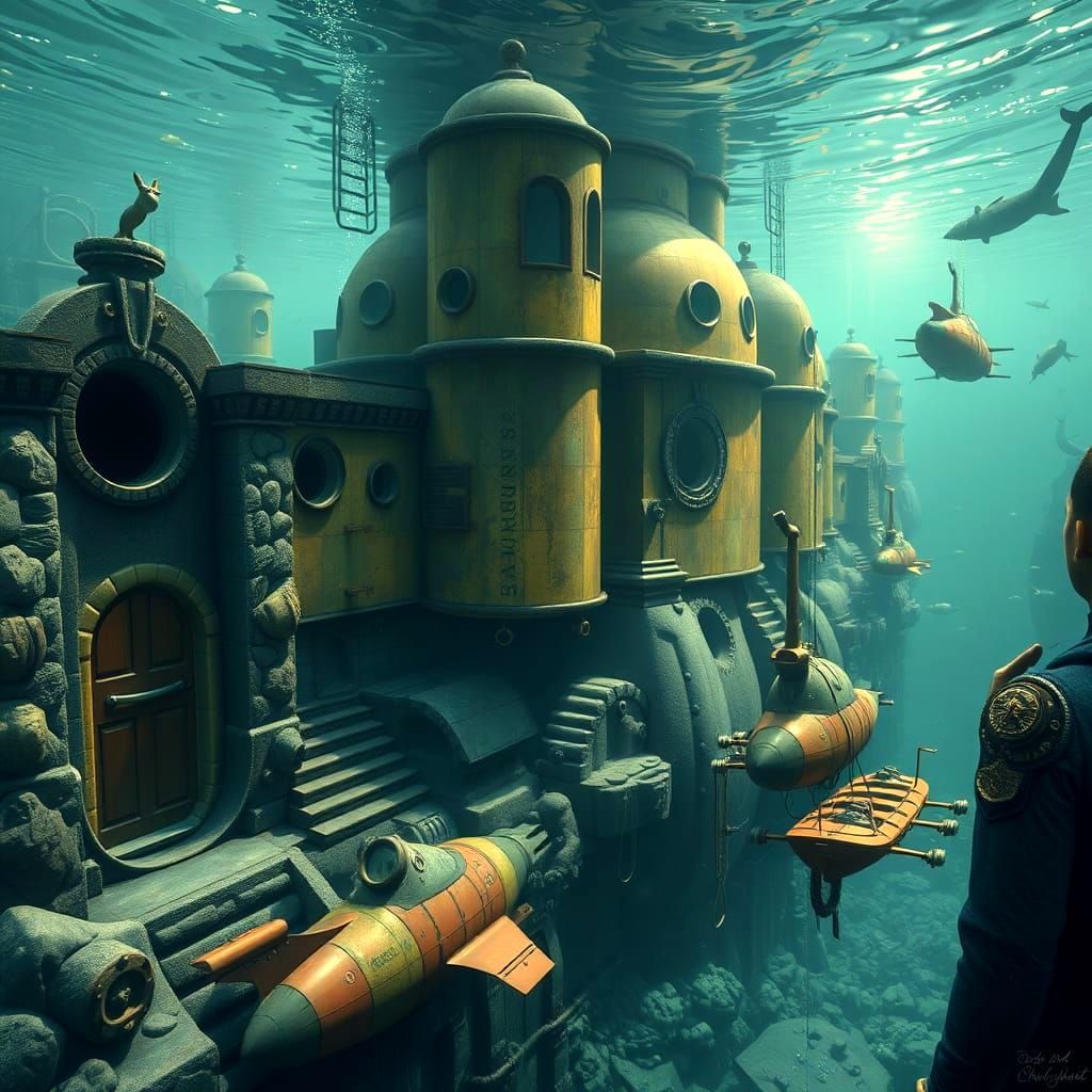 Underwater City with Submarines and Buildings