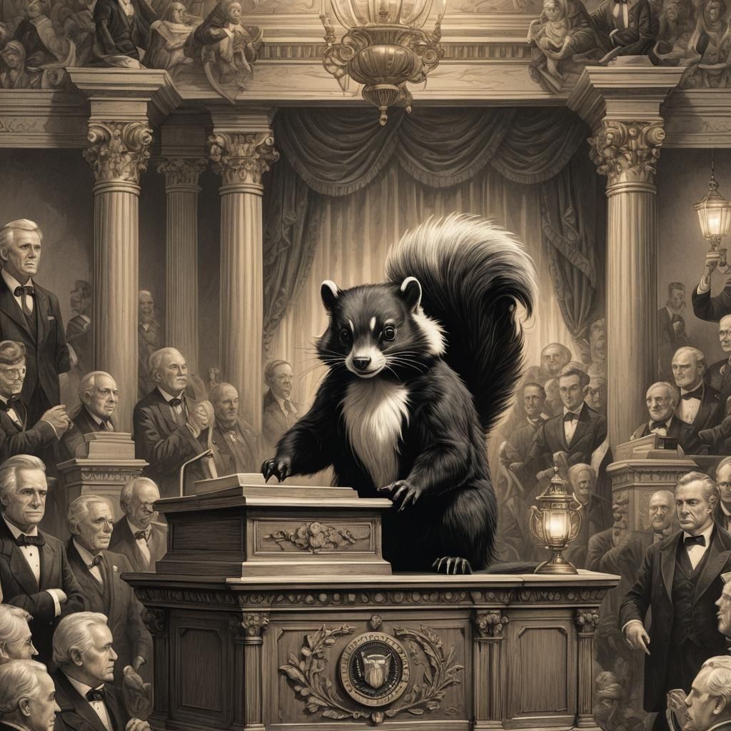 Skunk Attends Presidential Speech: Victorian Engraving