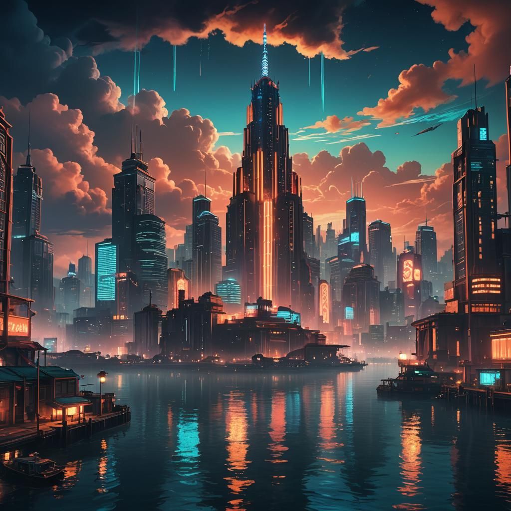 Cyberpunk Cityscape at Night in Art Deco Style