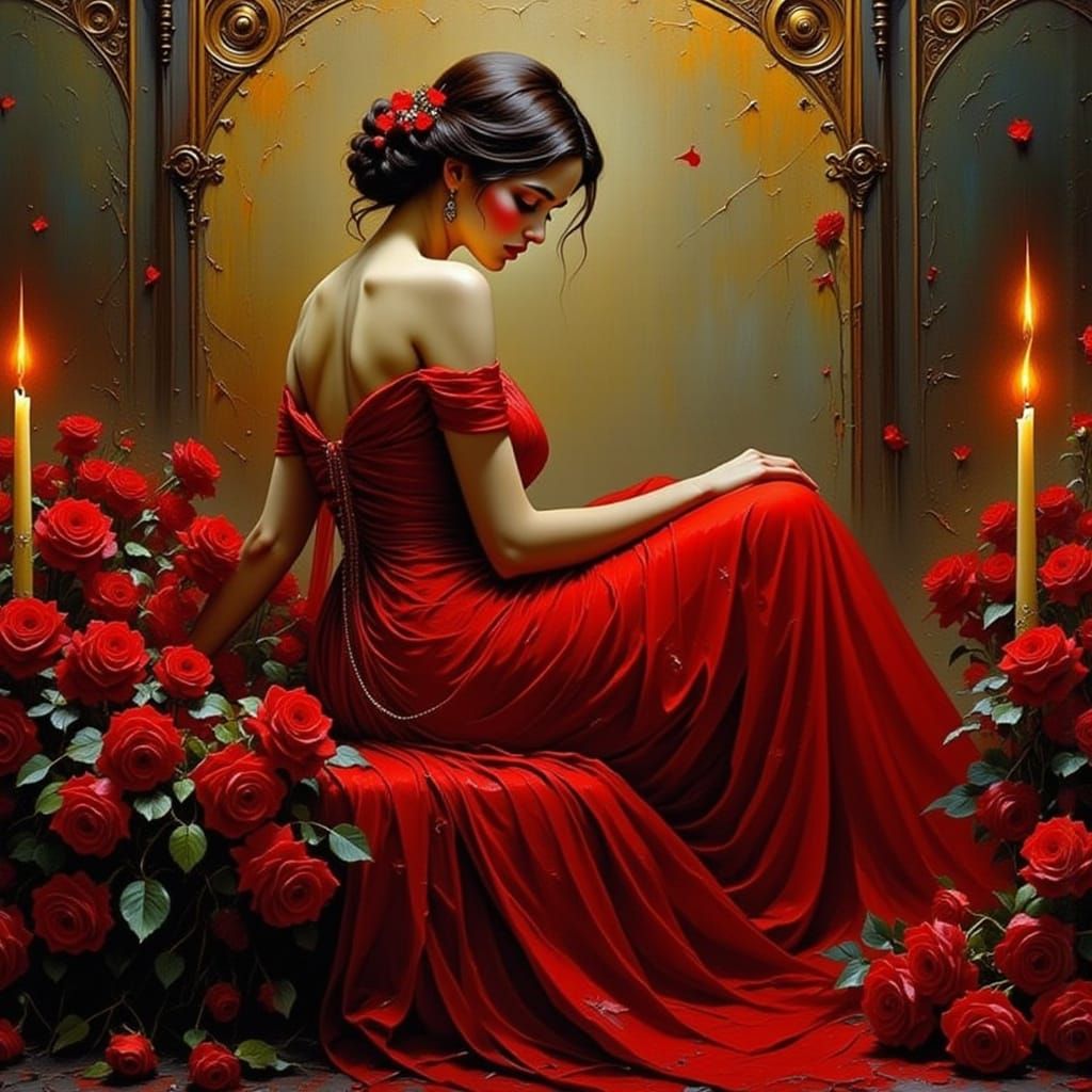 Romantic Evening in Red Hues, Inspired by Art Nouveau
