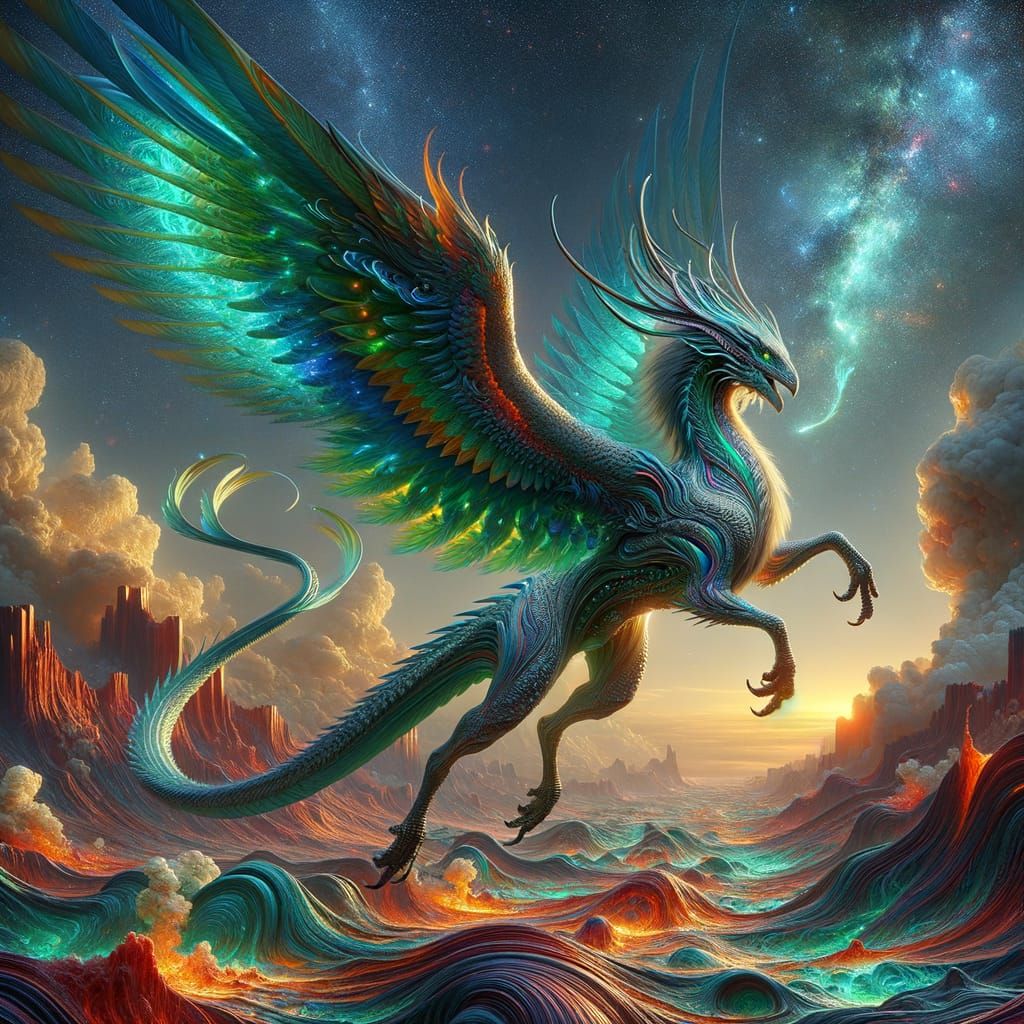 fusion phoenix dinosaur dragon creature, fine scales green b...