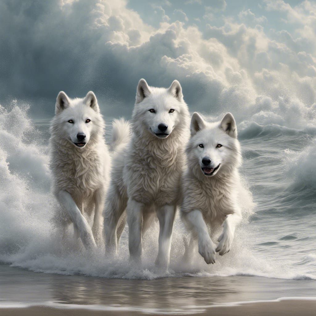Cherokee Shaman Herding Wolf Pups into Ocean Waves