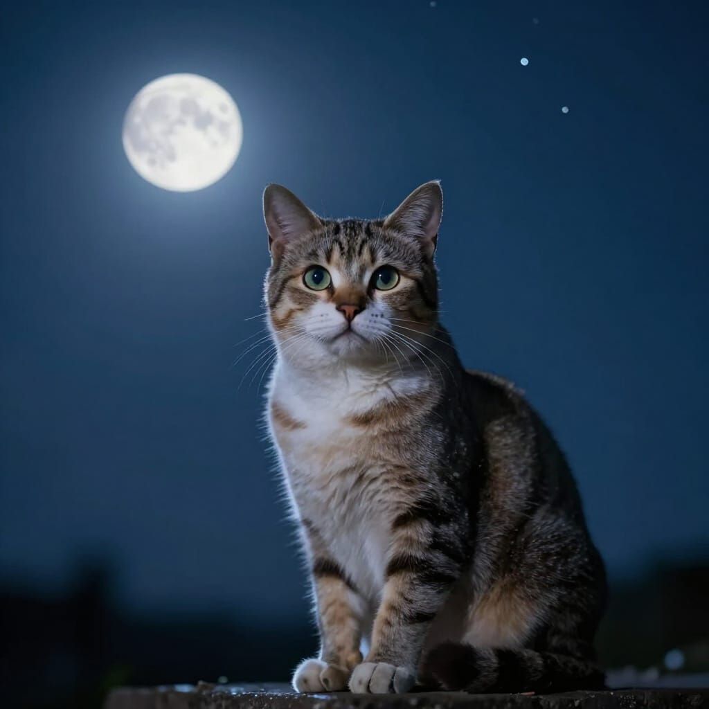 Ultra-Realistic Cat Under Starry Sky with Moonlight