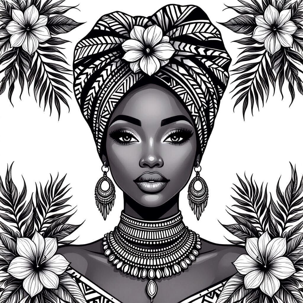 Elegant African Woman Coloring Page, Intricate Line Art