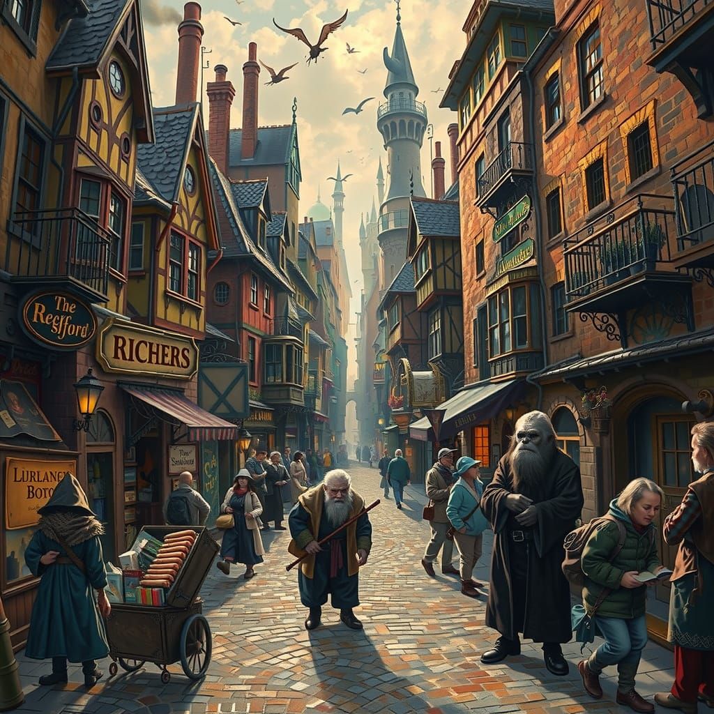 Whimsical Fantasy City Square in Discworld-Inspired Ankh-Mor...