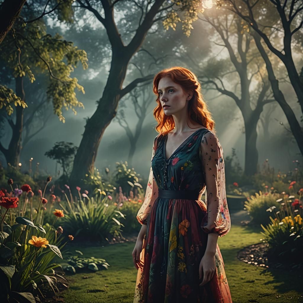 Redhead in Misty Garden, Hyper-Realistic Digital Art