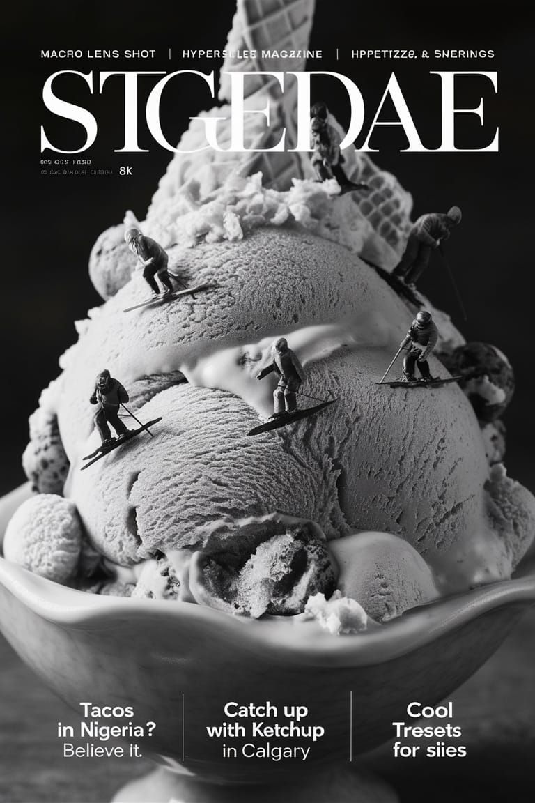Ice Cream Sundae Skiers: Food & Travel Magazine Cover