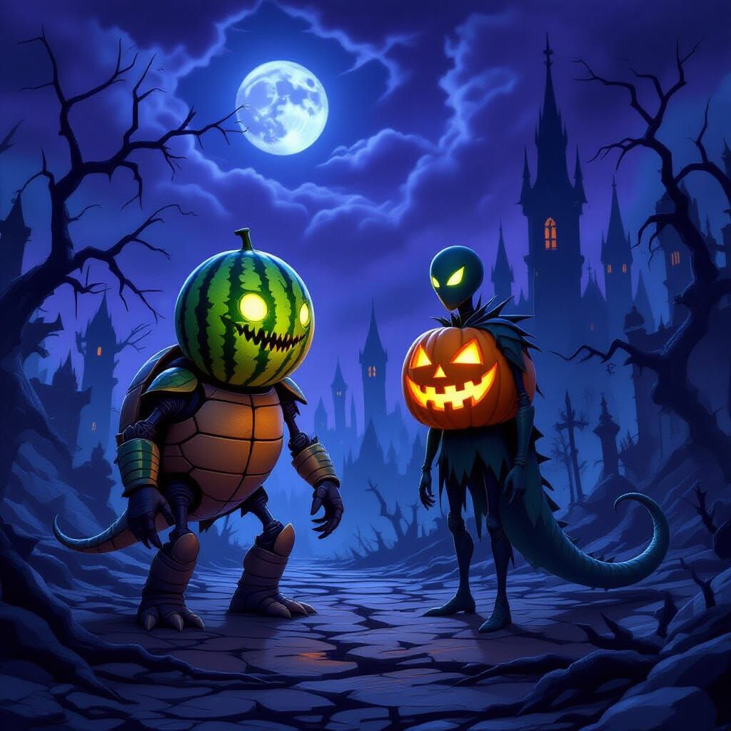 Gothic Creatures: Watermelon Head & Pumpkin Body in Dark Fan...