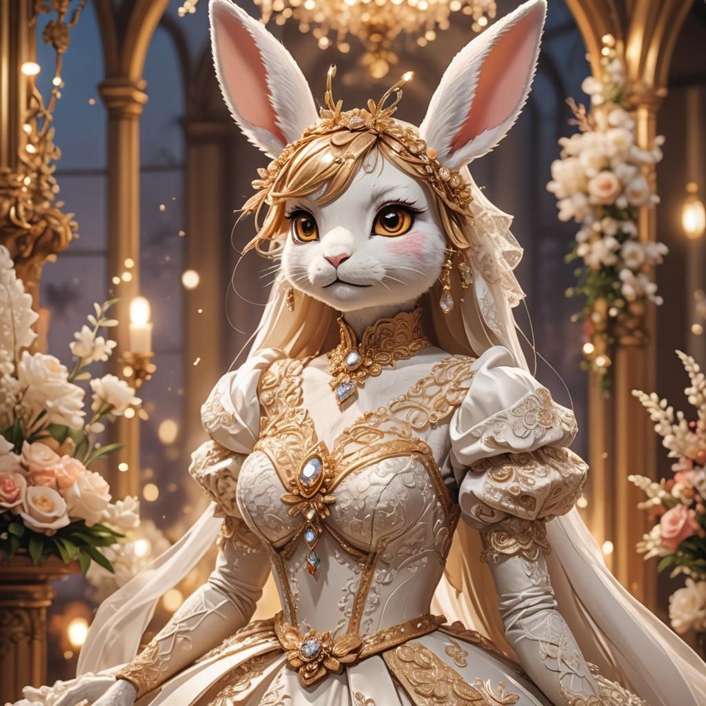 Anime Rabbit Bride in Opulent Wedding Dress
