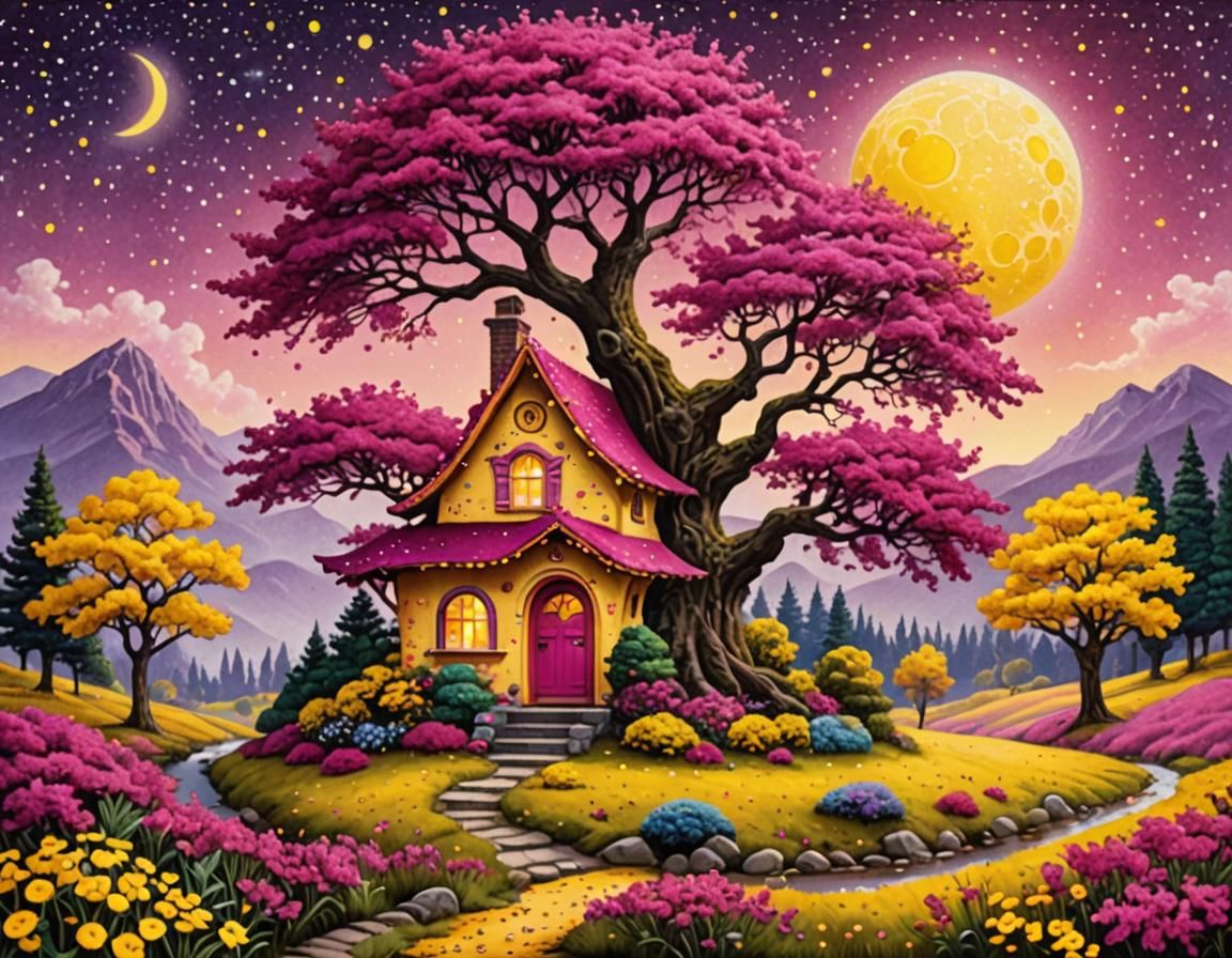 Whimsical Pointillist Fairy Landscape in Magenta and Yellow