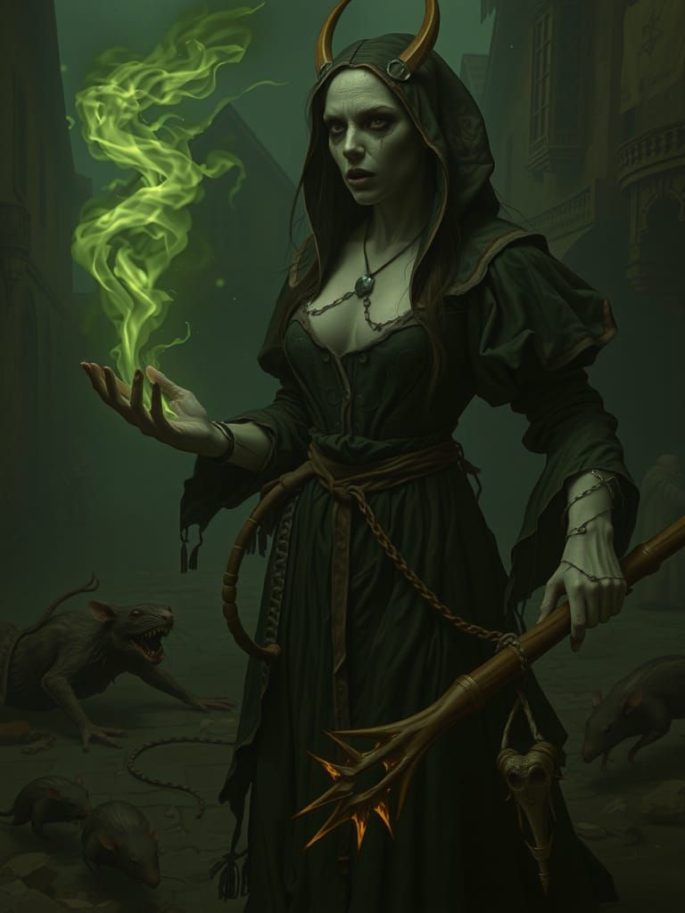 Plague Sorceress Conjuring Green Flame in Decaying Town