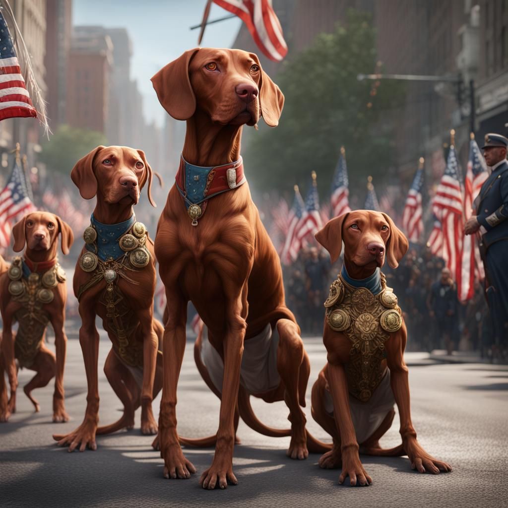 Vizsla Family at Memorial Day Parade: Detailed Matte Paintin...