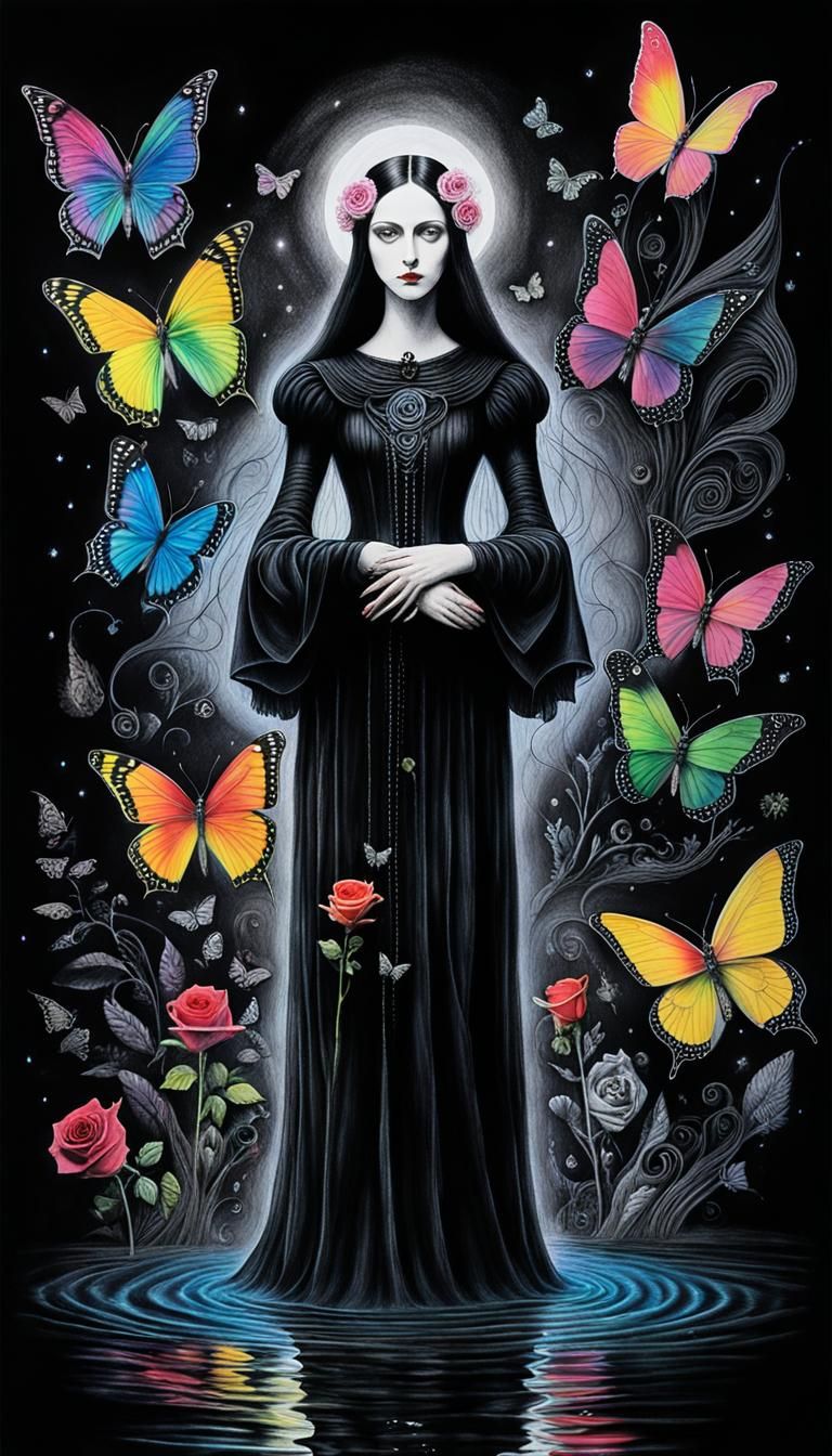 Gothic Mother and Child Surreal Crayon Drawing