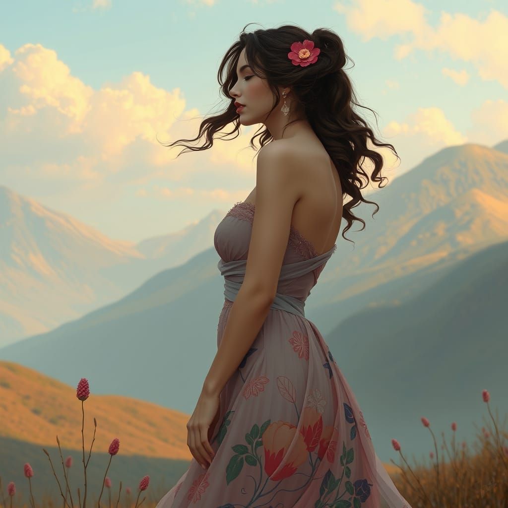 Elegant Woman in Landscape, Art Nouveau Style