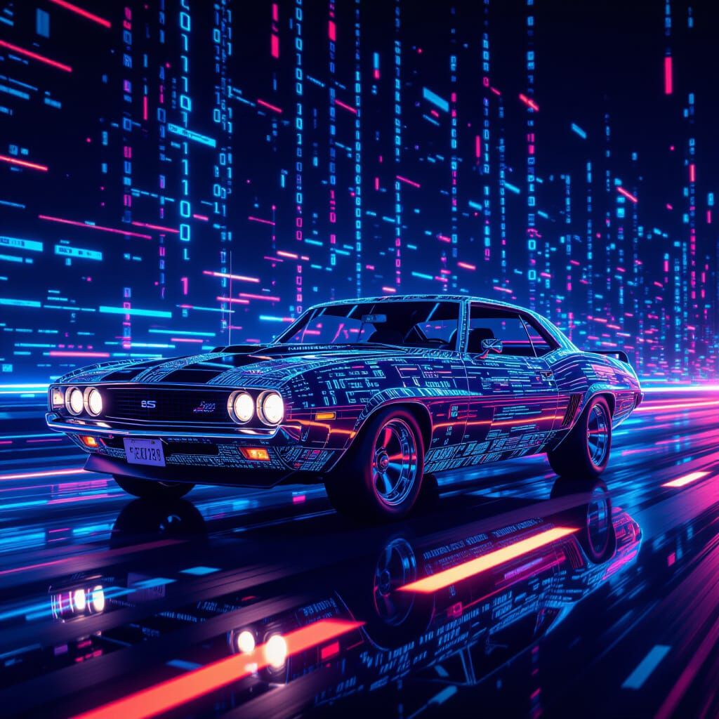 Cyberpunk Muscle Car Made of Data on Digital Highway