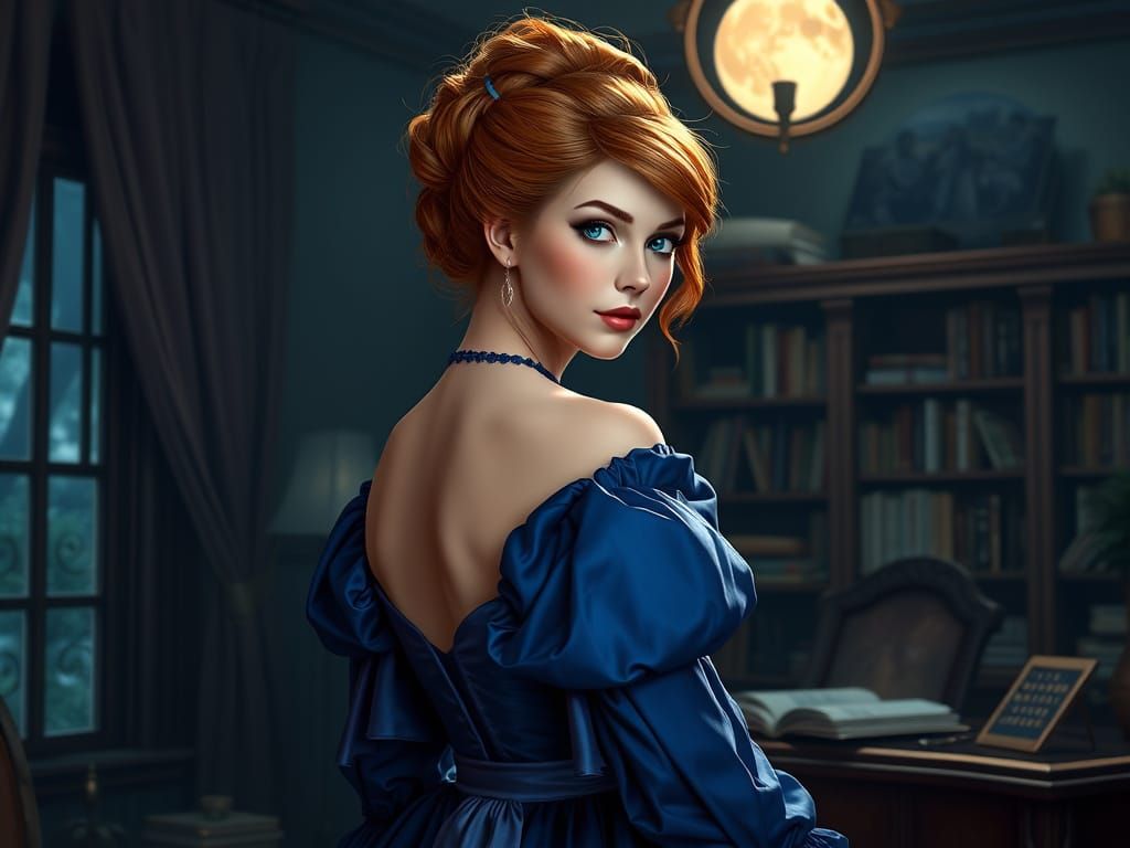 Regency Era Lady Waits for Midnight Visitor in Royal Blue Go...