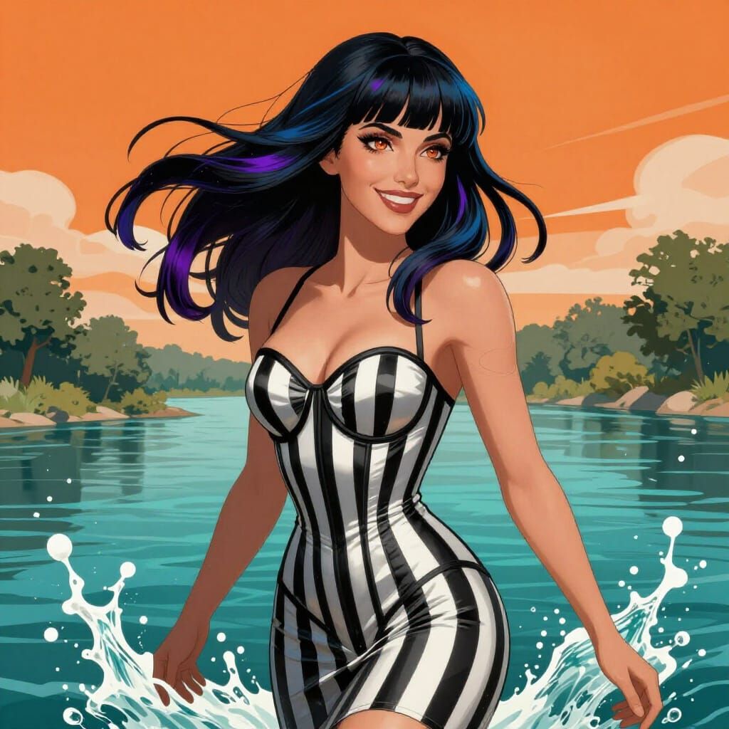 Woman in Striped Dress by River, Concept Art Style