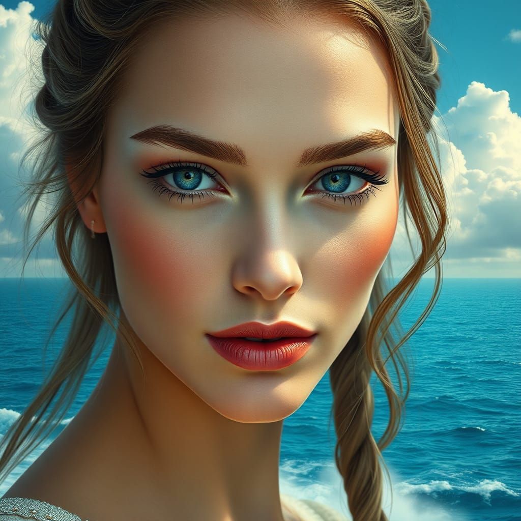 Ethereal Woman Portrait with Dreamlike Ocean View