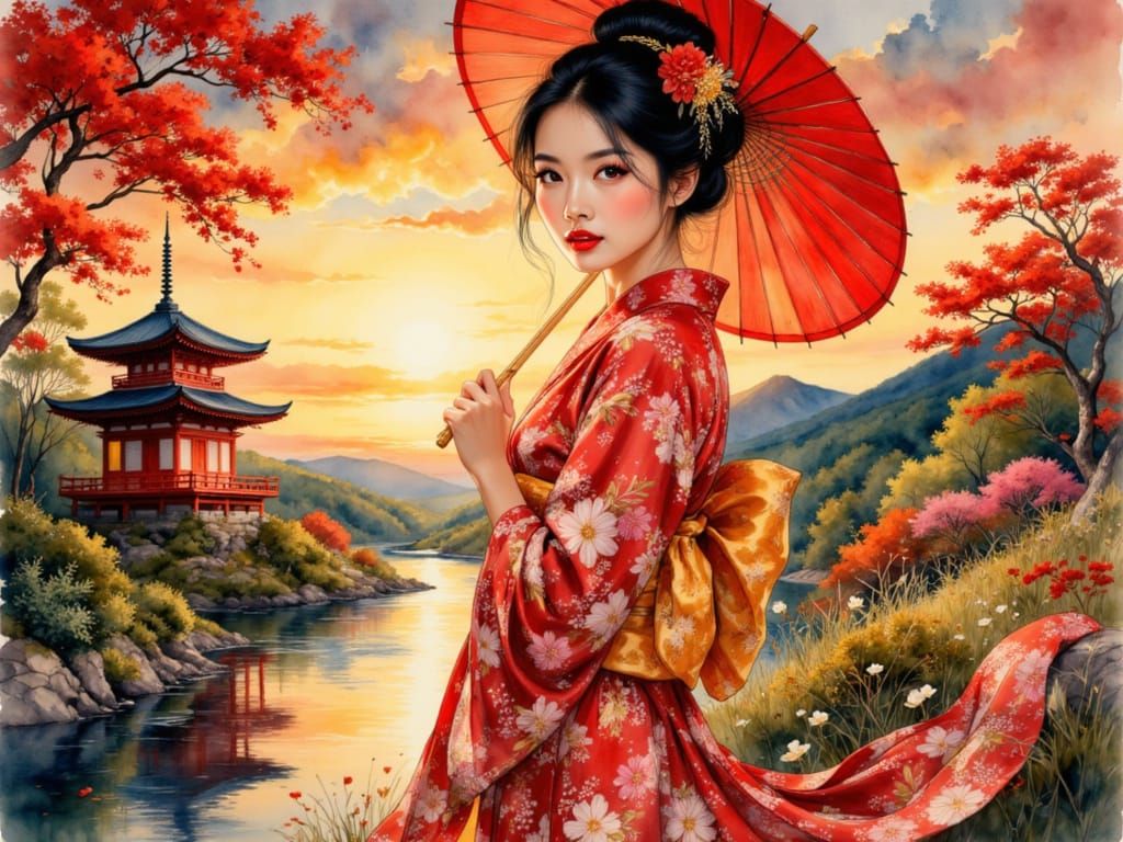 Woman in Kimono with Parasol in Fantasy Garden at Sunset