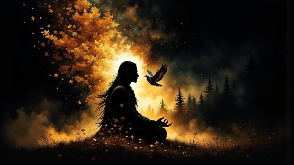 Native Spirit Silhouettes in Autumn Forest Double Exposure