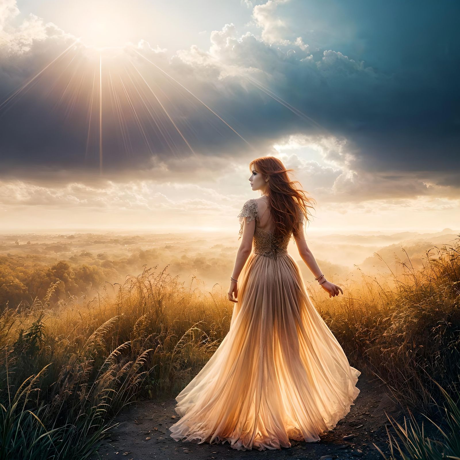 Redhead Girl Transforms into Falcon in Sunlight