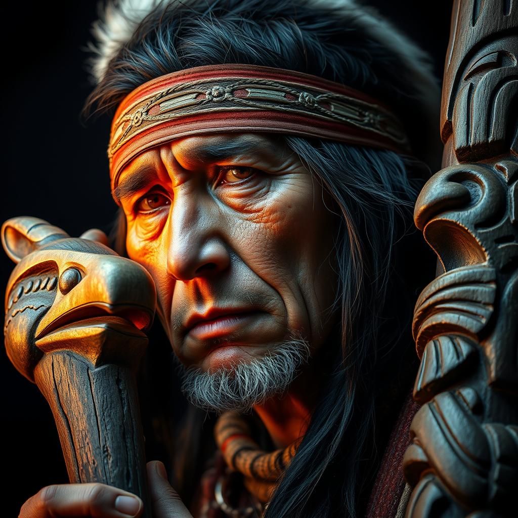 Native American Man Carving Totem: Digital Illustration