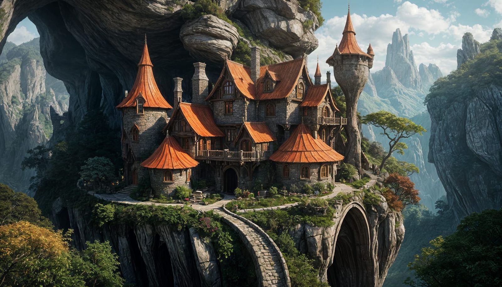 Elven Cliffside Cottage with Round Towers, Fantasy Art