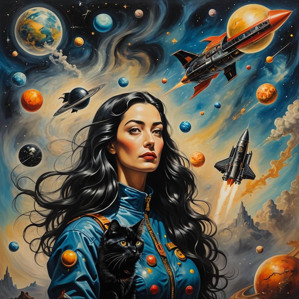 Woman and Cat in Spaceship, Surrealist Style