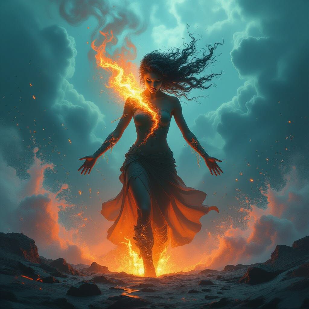 Elemental Woman Emerging from Chaos: 8K Concept Art