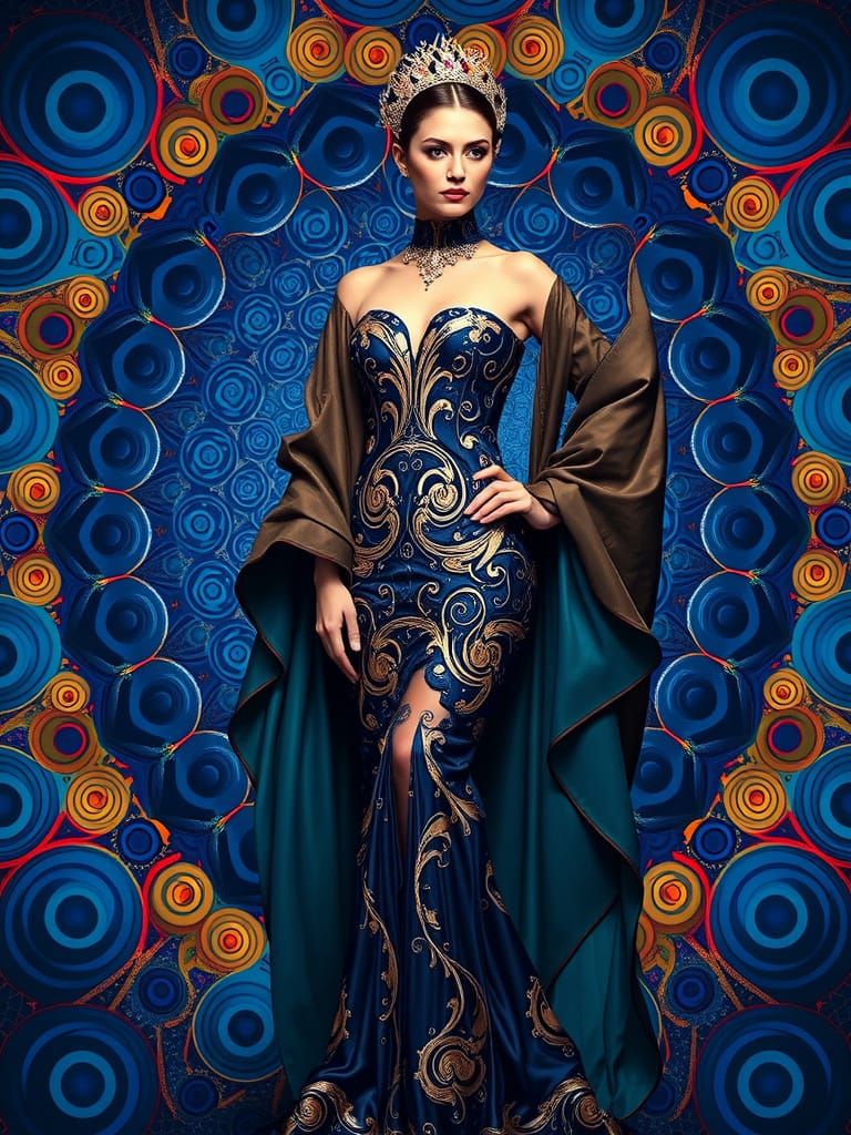 Regal Woman in Avant-Garde Haute Couture Amidst Vibrant Sapp...