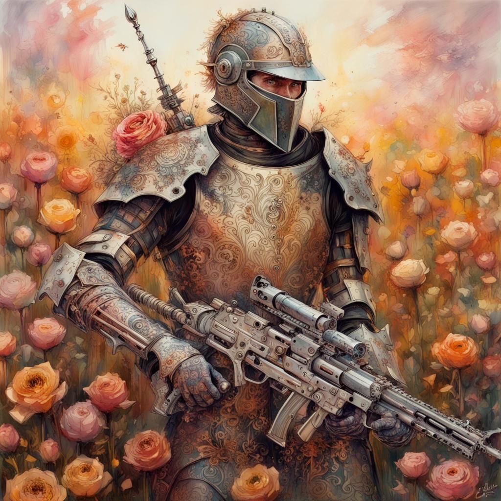 Gothic Knight in Floral Meadow, Gouache Style