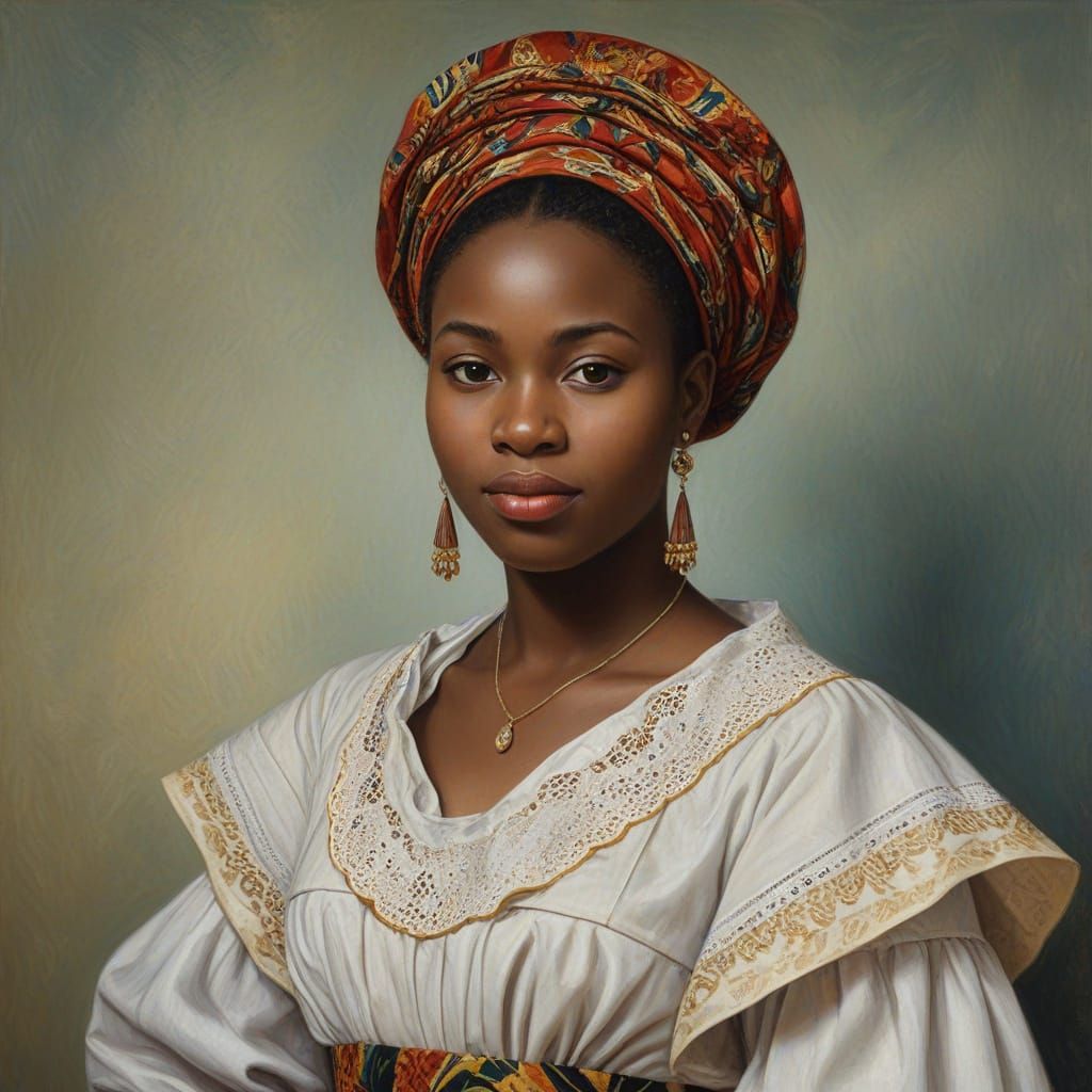 Gabonese Woman in Traditional Garb as Renoir Oil Painting
