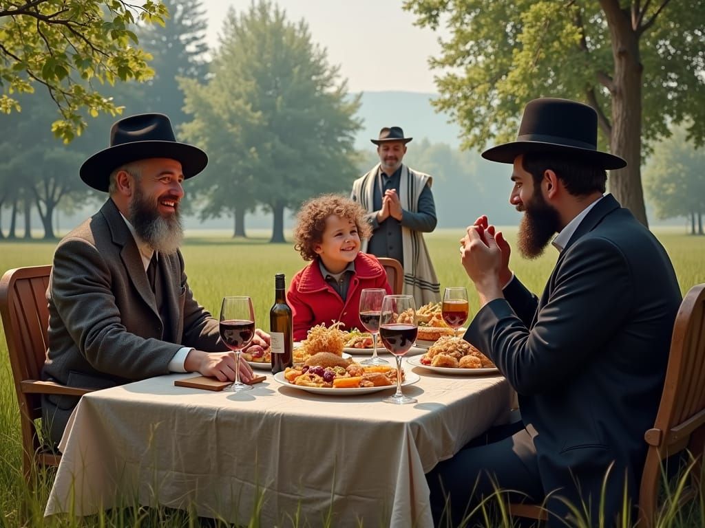 Joyful Hasidic Purim Celebration in a Lush Open Field