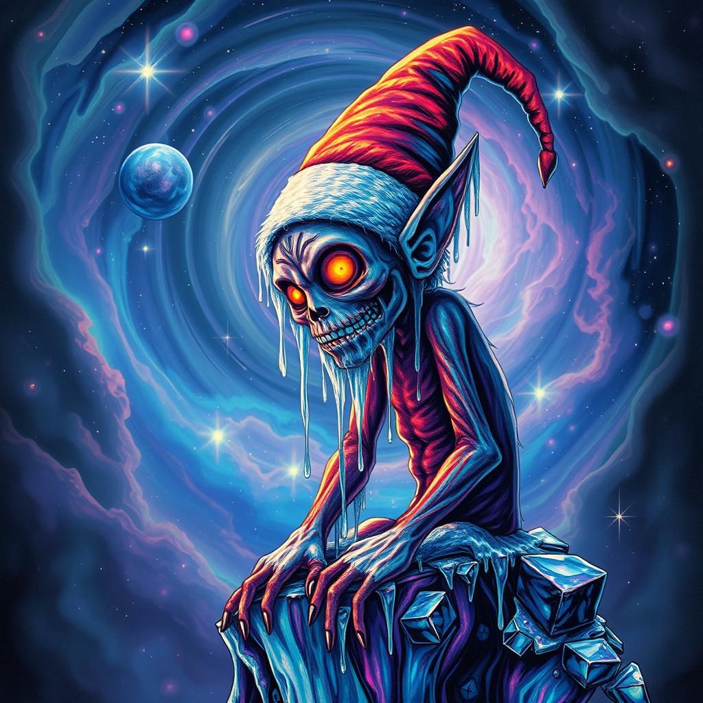 Icy Elf Dripping on Cosmic Nebula Background