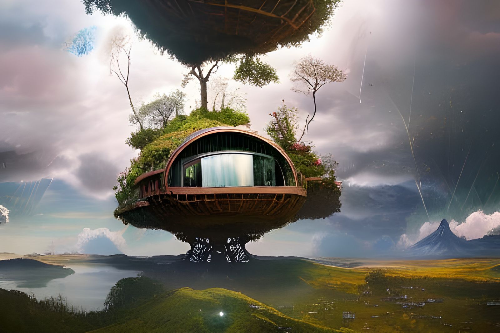 Floating Hobbit House Pods in Lush Landscape