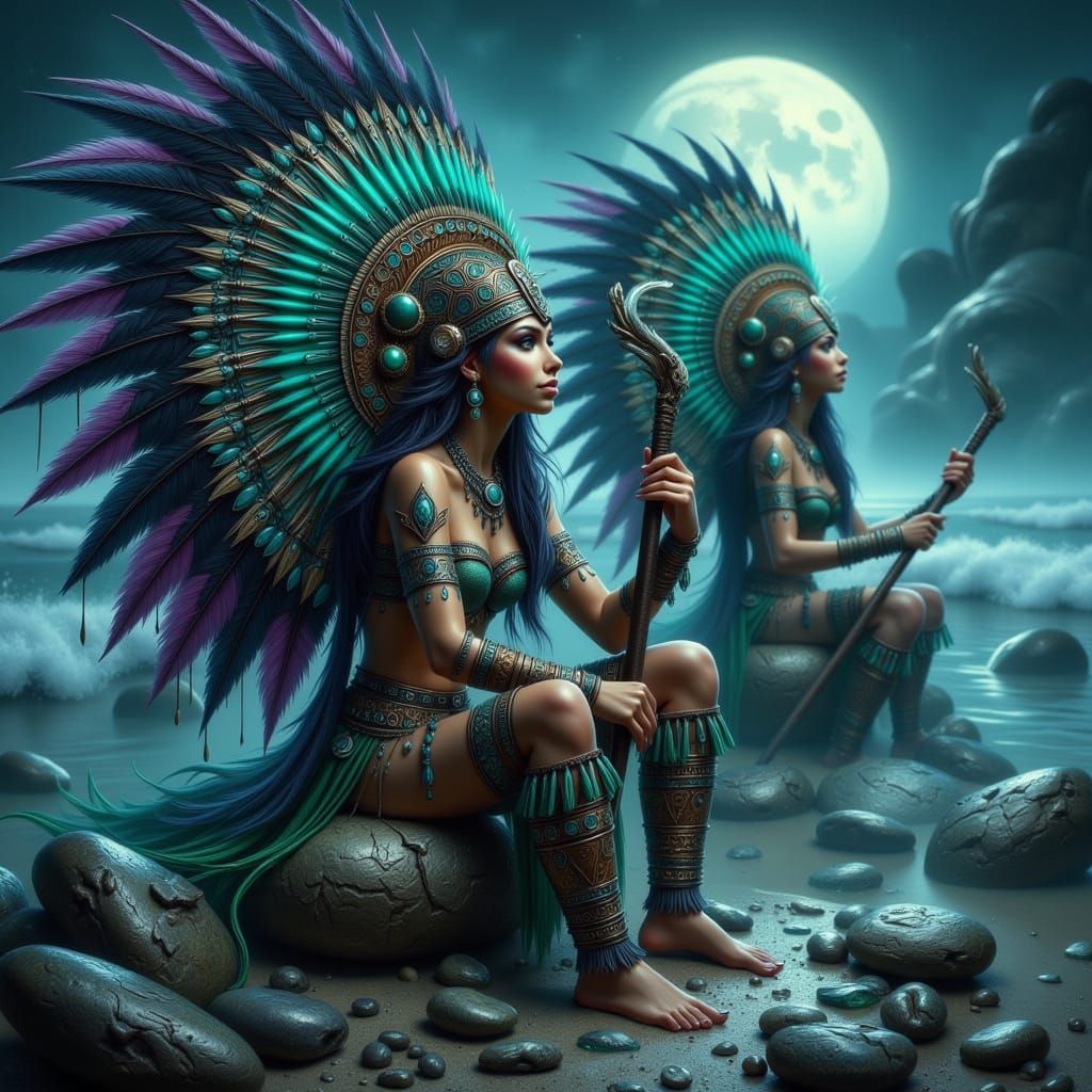 Mesoamerican Warriors in Moonlit Aztec Elegance