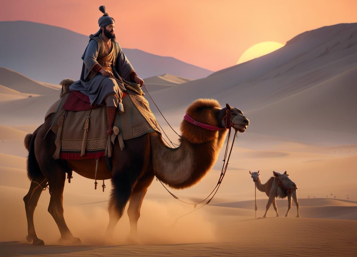 Marco Polo in the Gobi desert - Himalayas' in the background