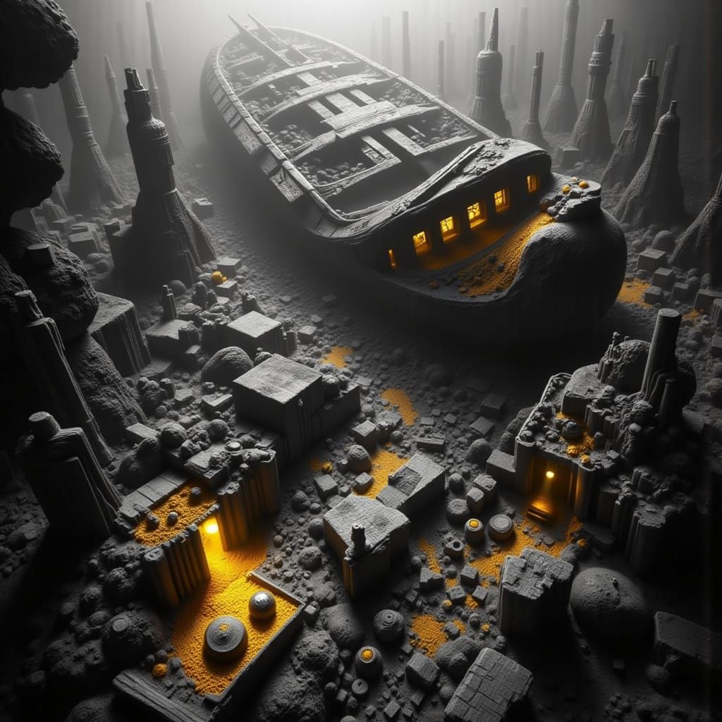 Sunken Egyptian Shipwreck in Hyperrealistic Black and White