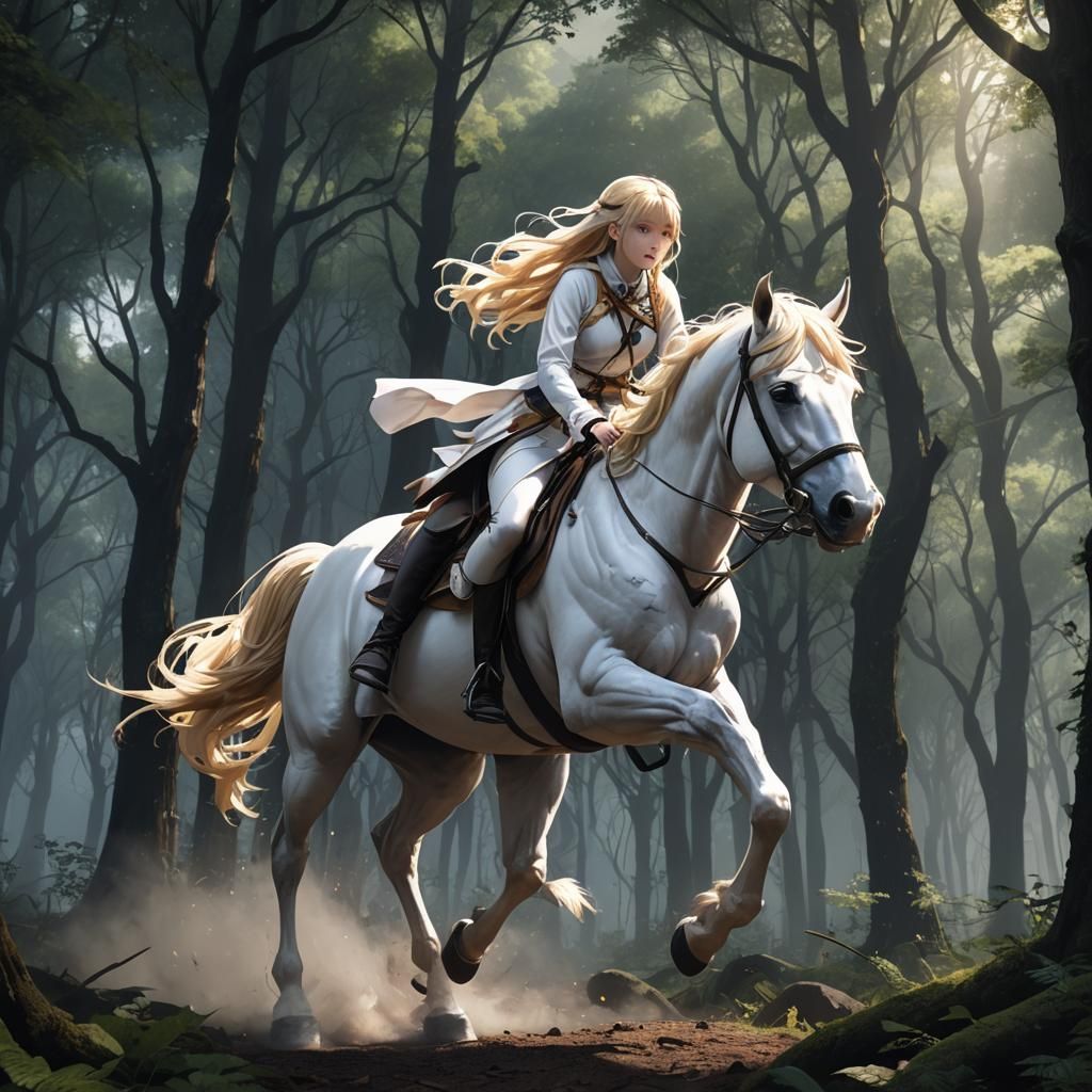 Anime Girl Falls Off Horse in Dark Forest