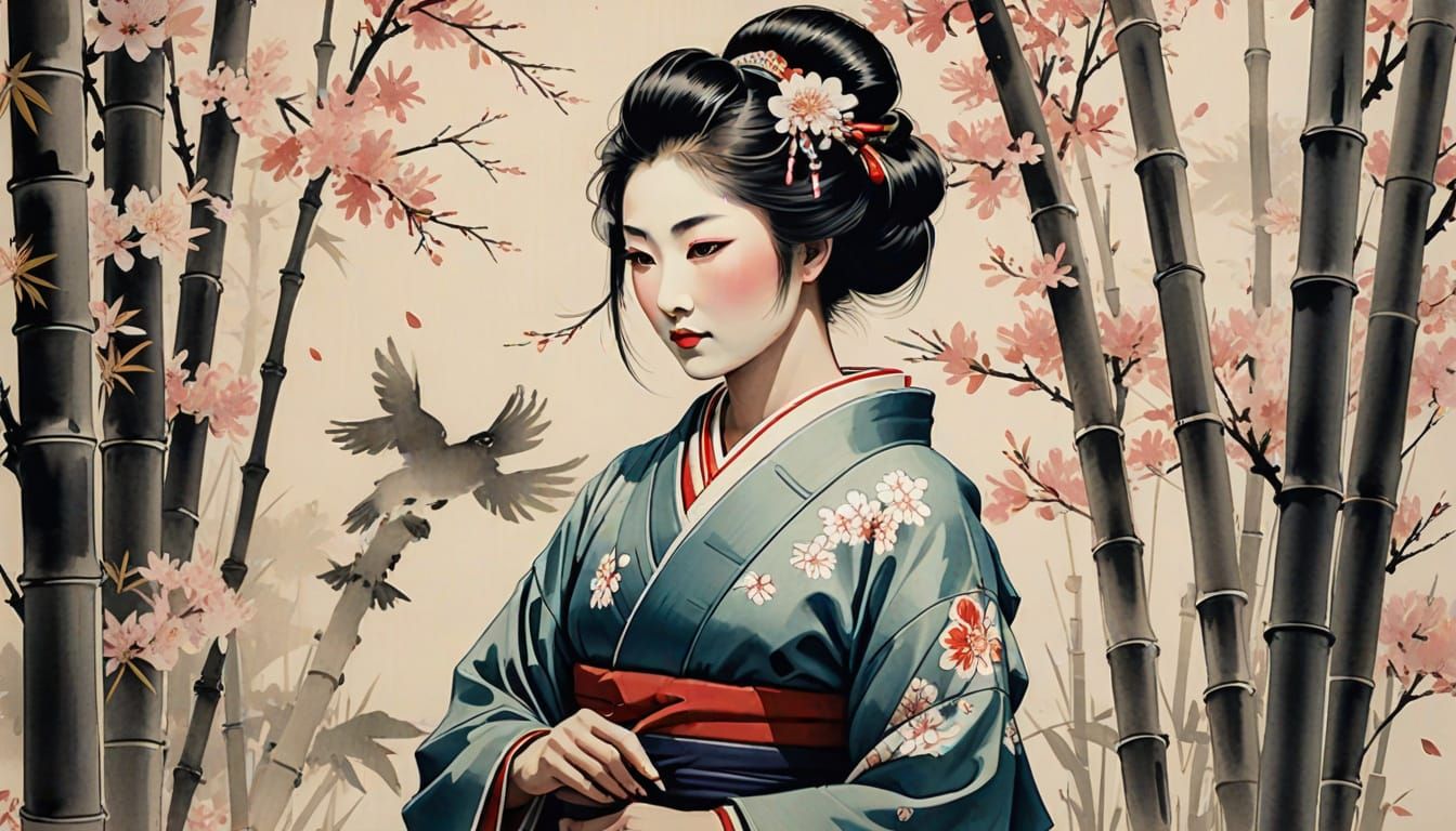 Geisha in Bamboo Garden: Sumi-e Japanese Ink Painting