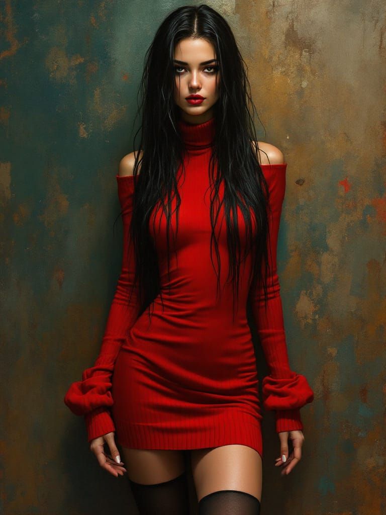 Pin-Up Woman in Red Dress, Atmospheric Oil Painting