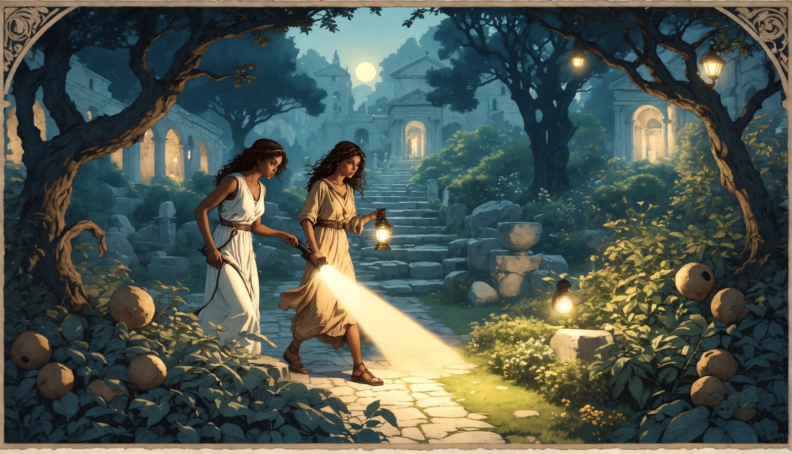 Ancient Greek Girl Detective in Art Nouveau Garden