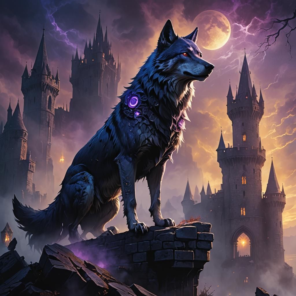 Gothic Wolf on Ruined Castle in Dark Fantasy Art