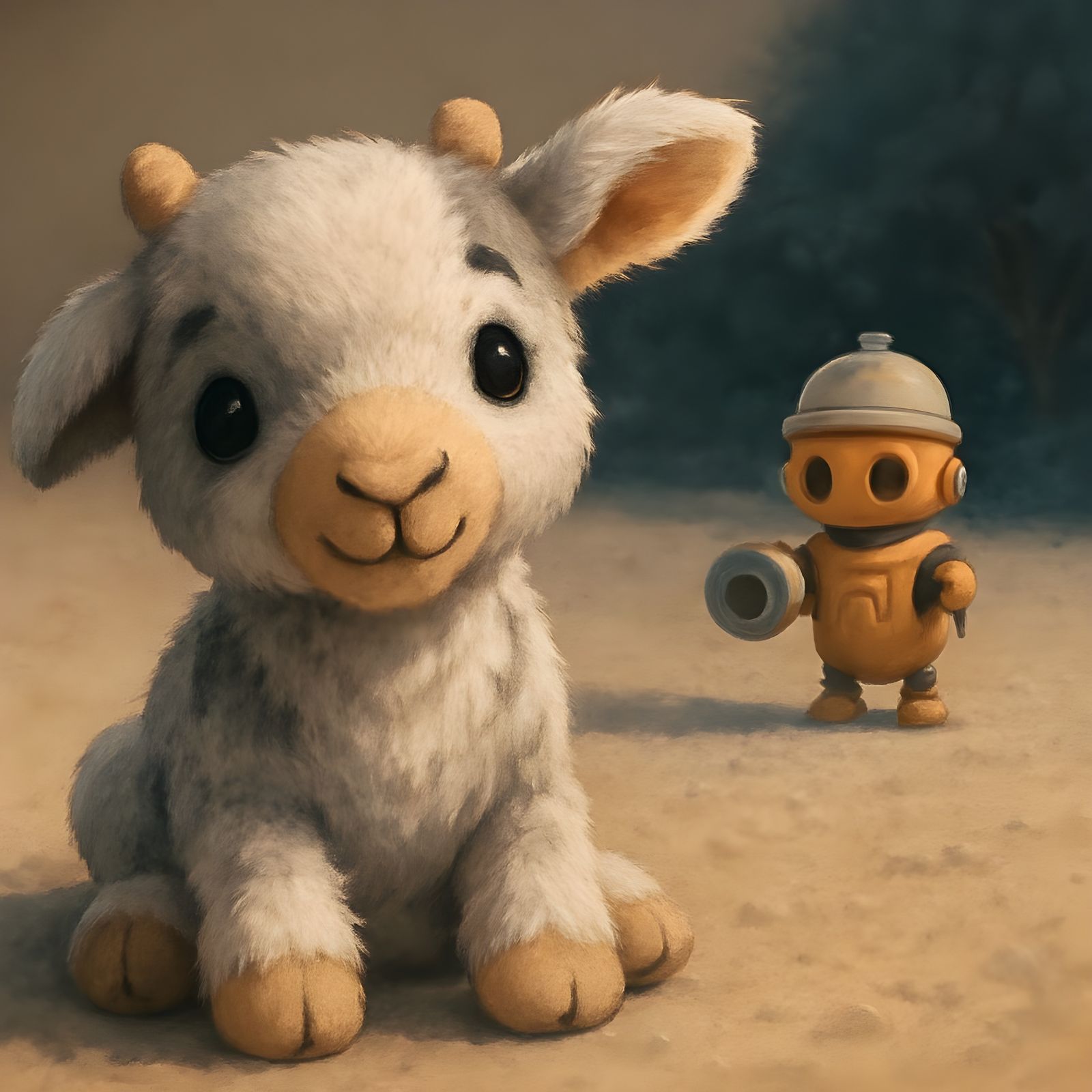 Cute Baby Goat and Little Robot Illustration