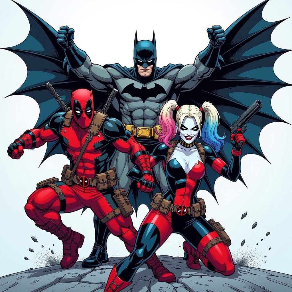 Deadpool, Batman, Harley Quinn in Comic Art Fusion