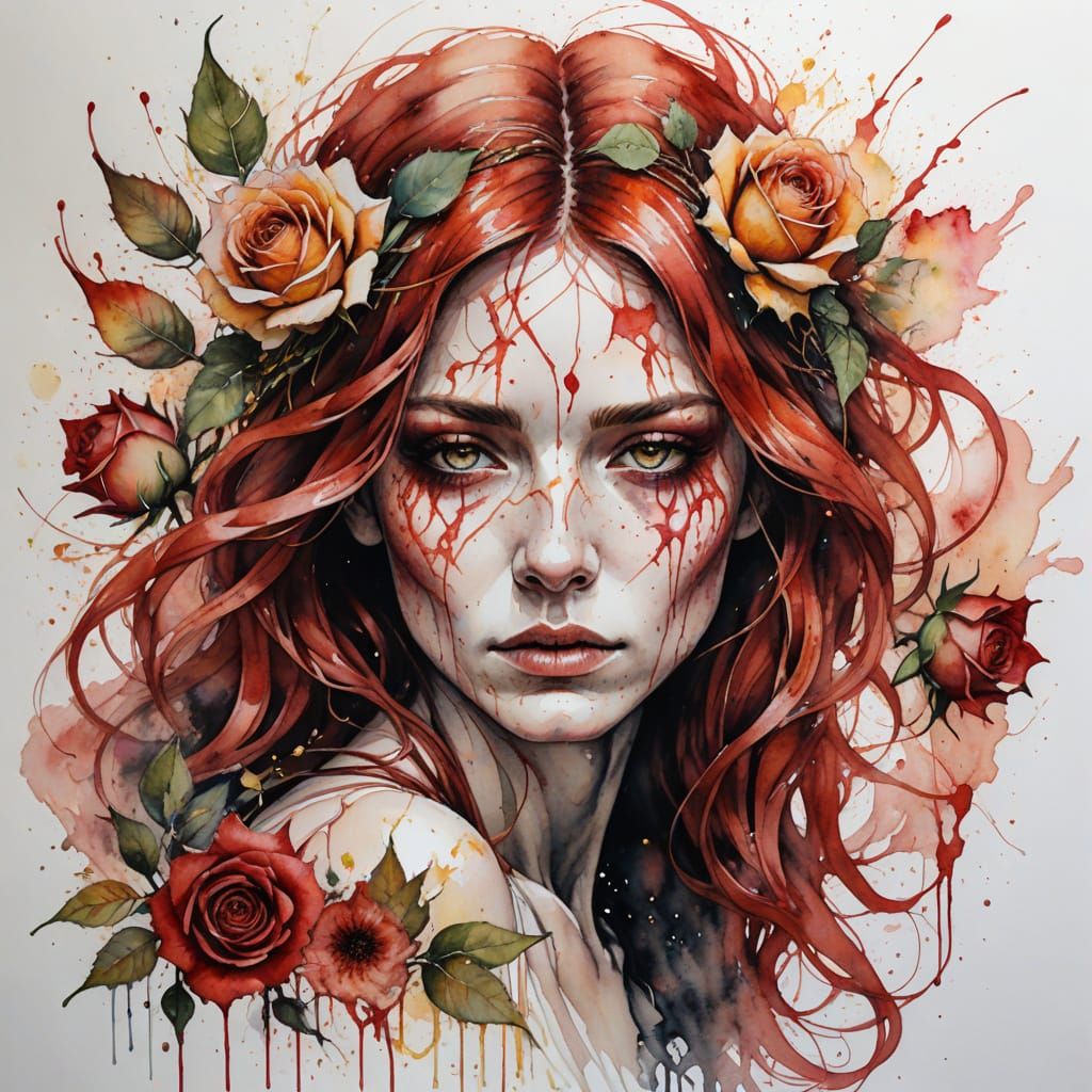 Rose Spirit Watercolor Portrait with Crimson Hair